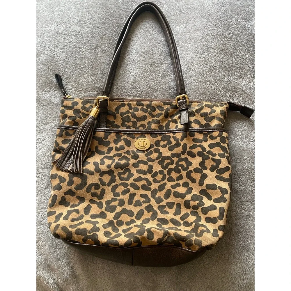 Tommy Hilfiger Tote Purse Leather Suede Animal Jacquard Gold Hardware s9